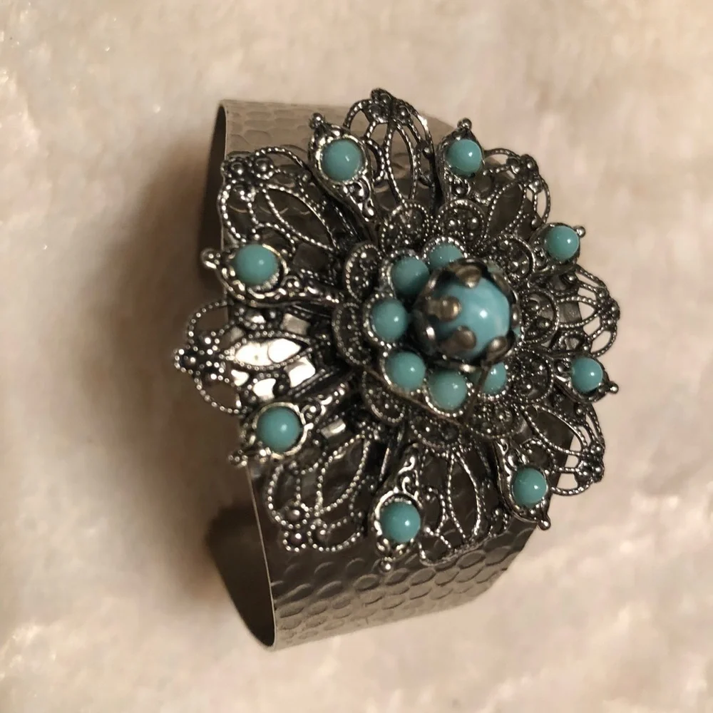 Vintage Turquoise Bead Hammered Cuff Bracelet